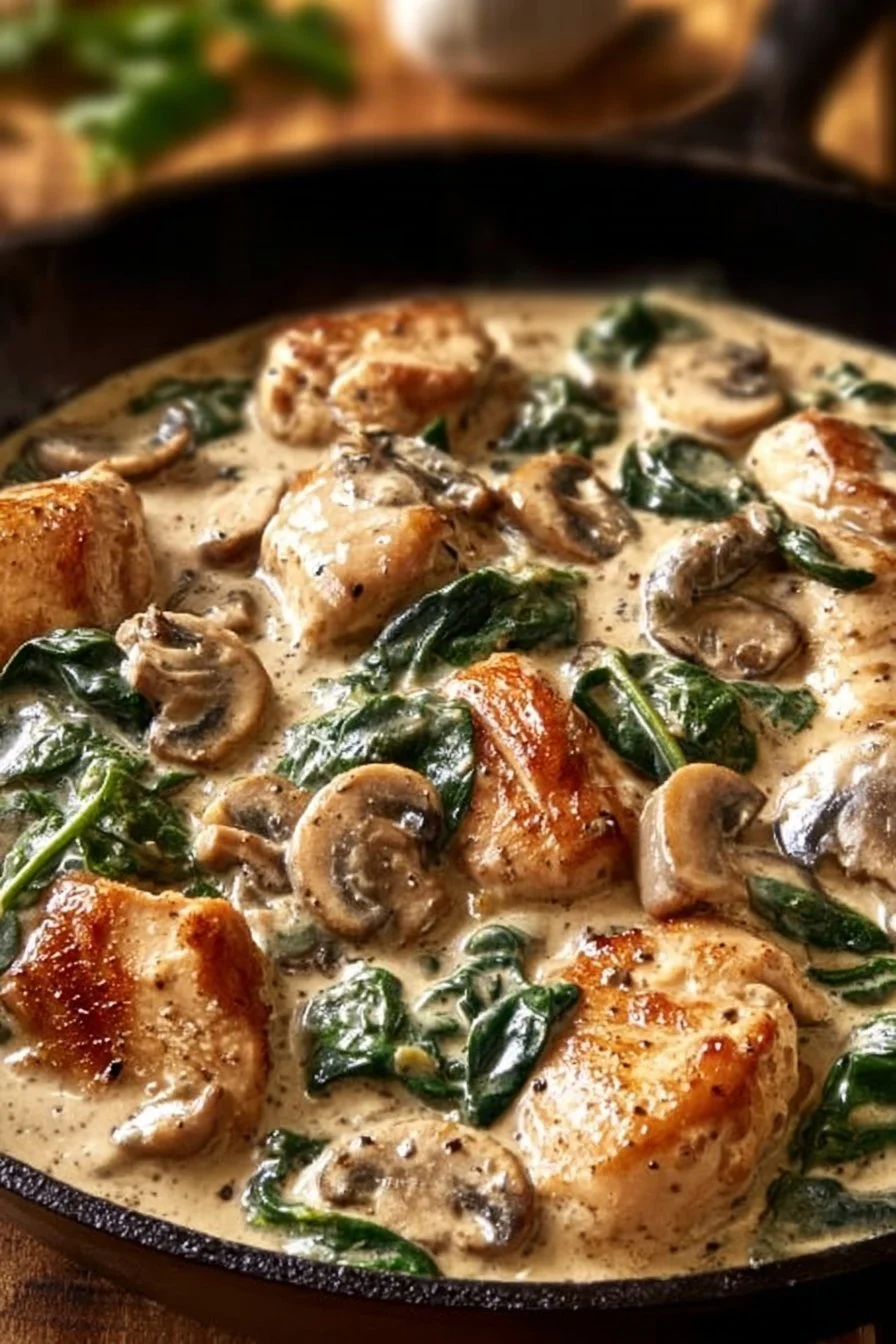 Creamy chicken mushroom spinach skillet served in a frying pan