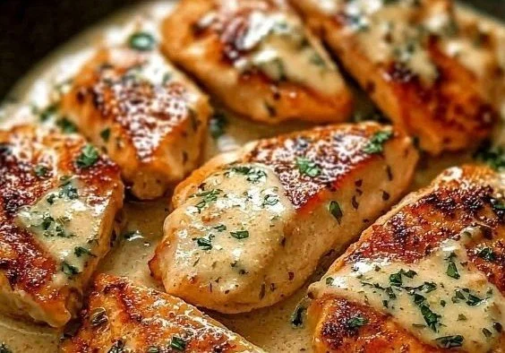 Creamy Garlic Chicken Skillet served with herbs and vegetables