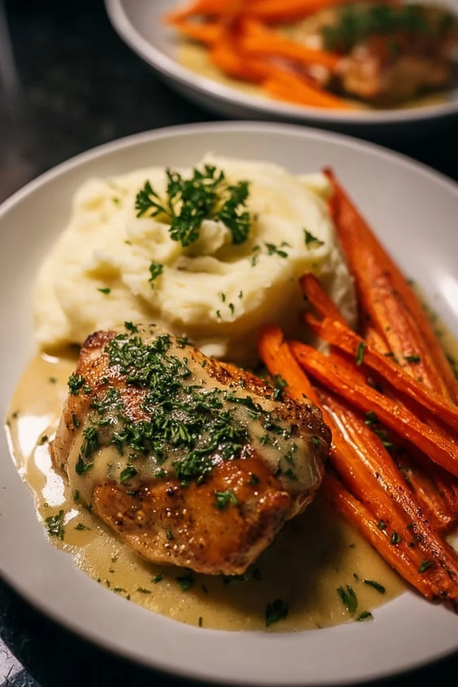 Creamy Herb Chicken served with mashed potatoes and glazed carrots
