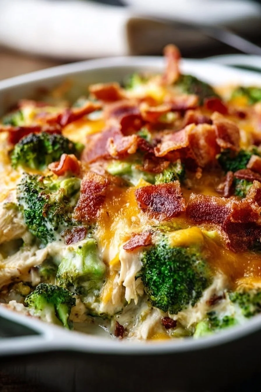 Creamy low carb chicken casserole featuring broccoli and bacon for a delicious meal