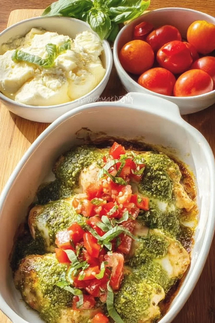 Creamy pesto baked chicken dinner served with vegetables on a plate.