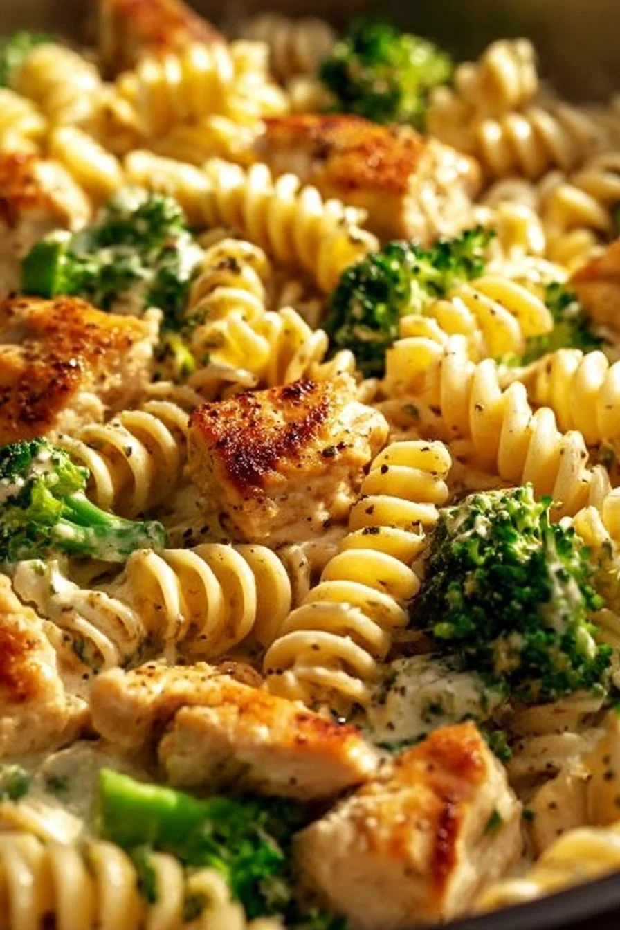 Creamy rotisserie chicken and broccoli pasta served in a bowl