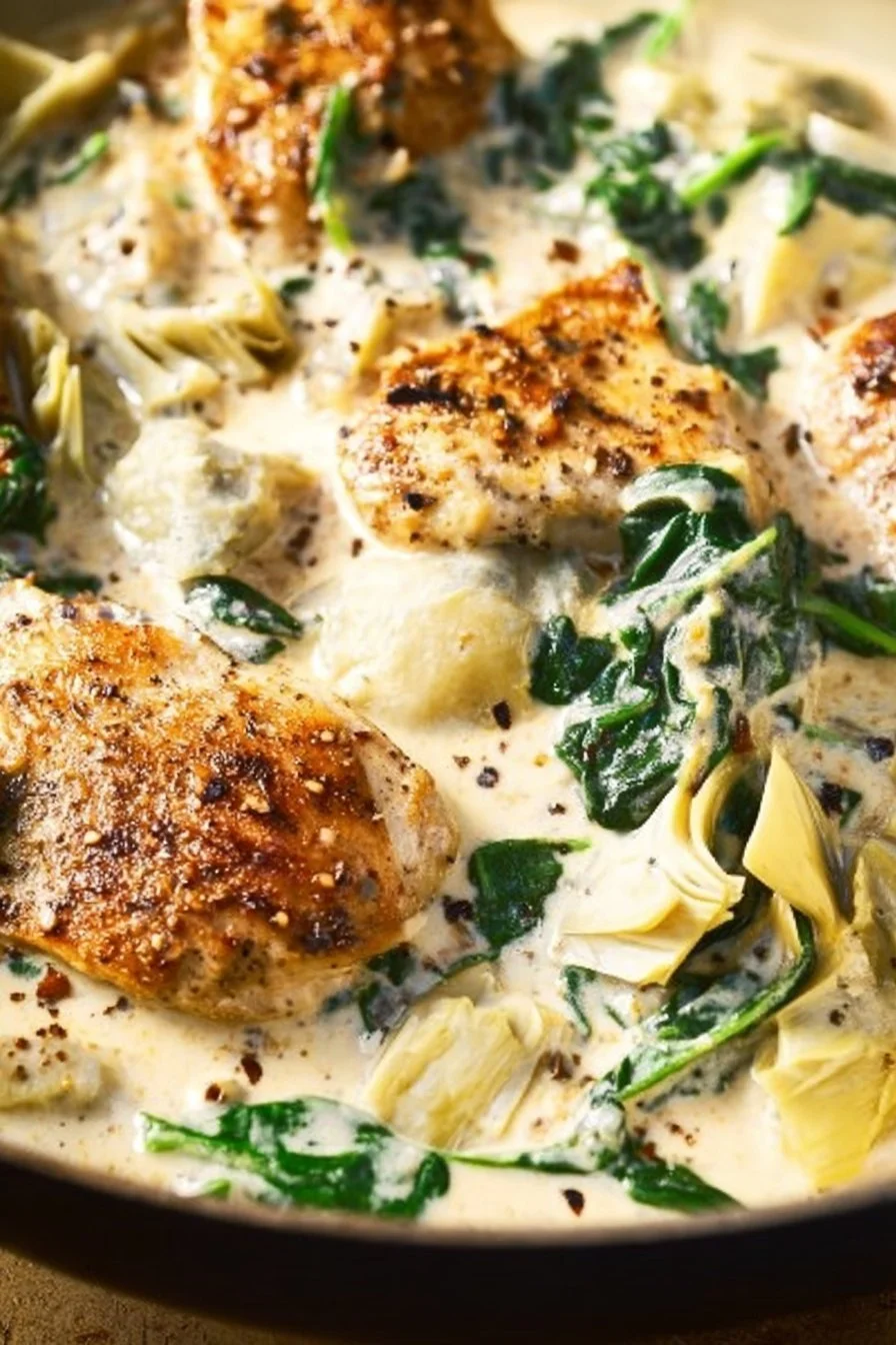 Creamy spinach artichoke chicken skillet in a cast iron pan