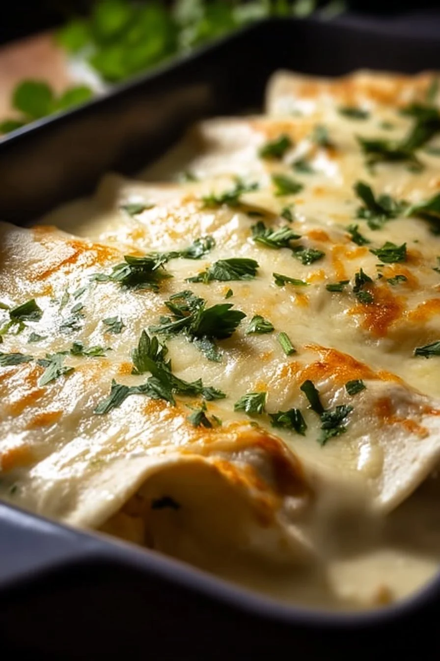 Creamy white chicken enchiladas topped with cheese and herbs