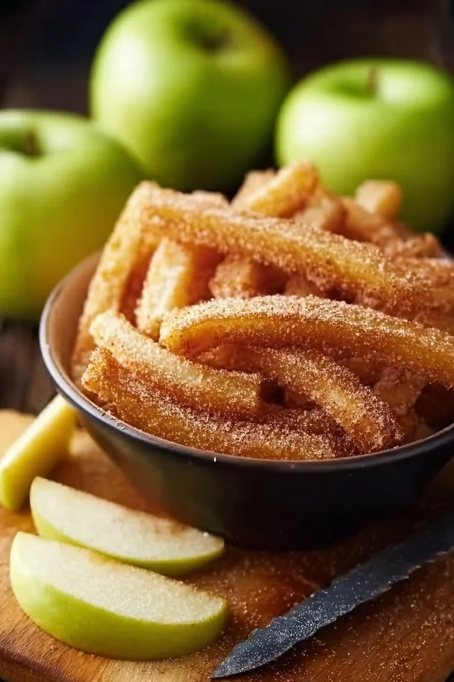 Crispy air fryer apple fries served in a bowl with a dipping sauce