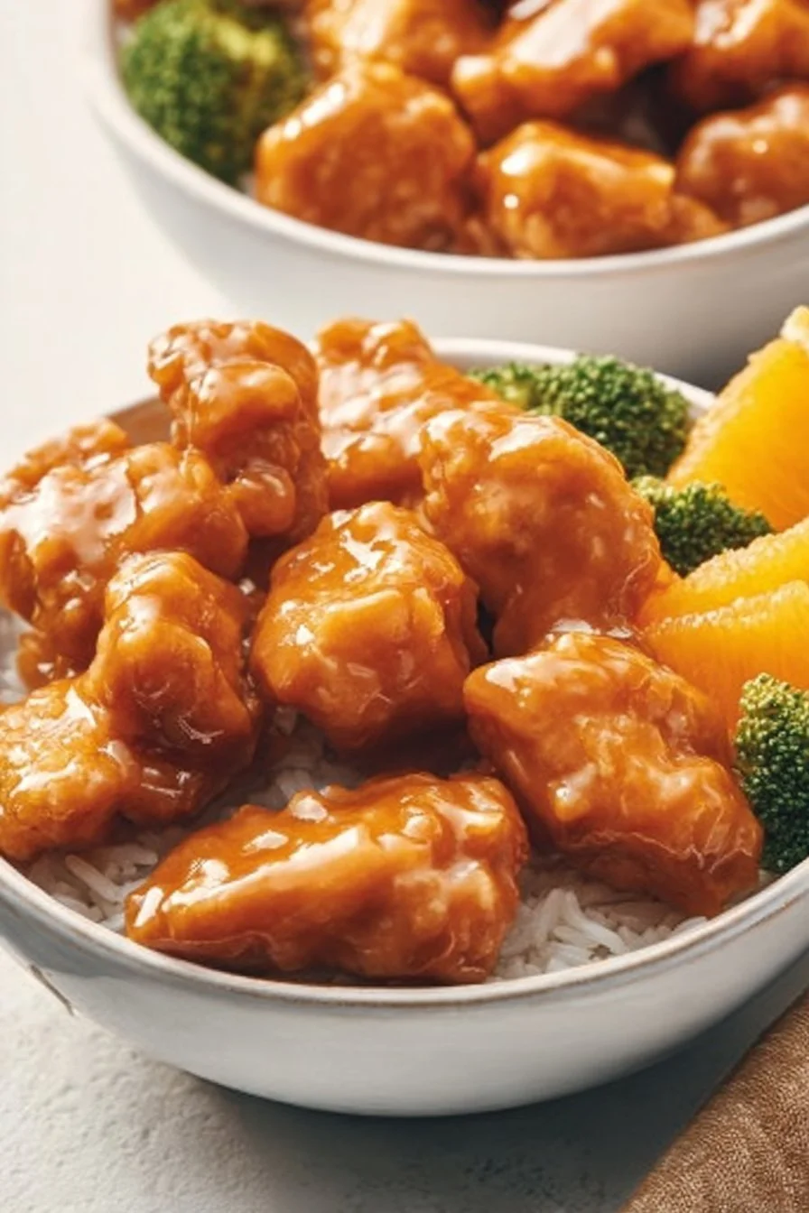 Crispy air fryer orange chicken served with steamed rice and vegetables