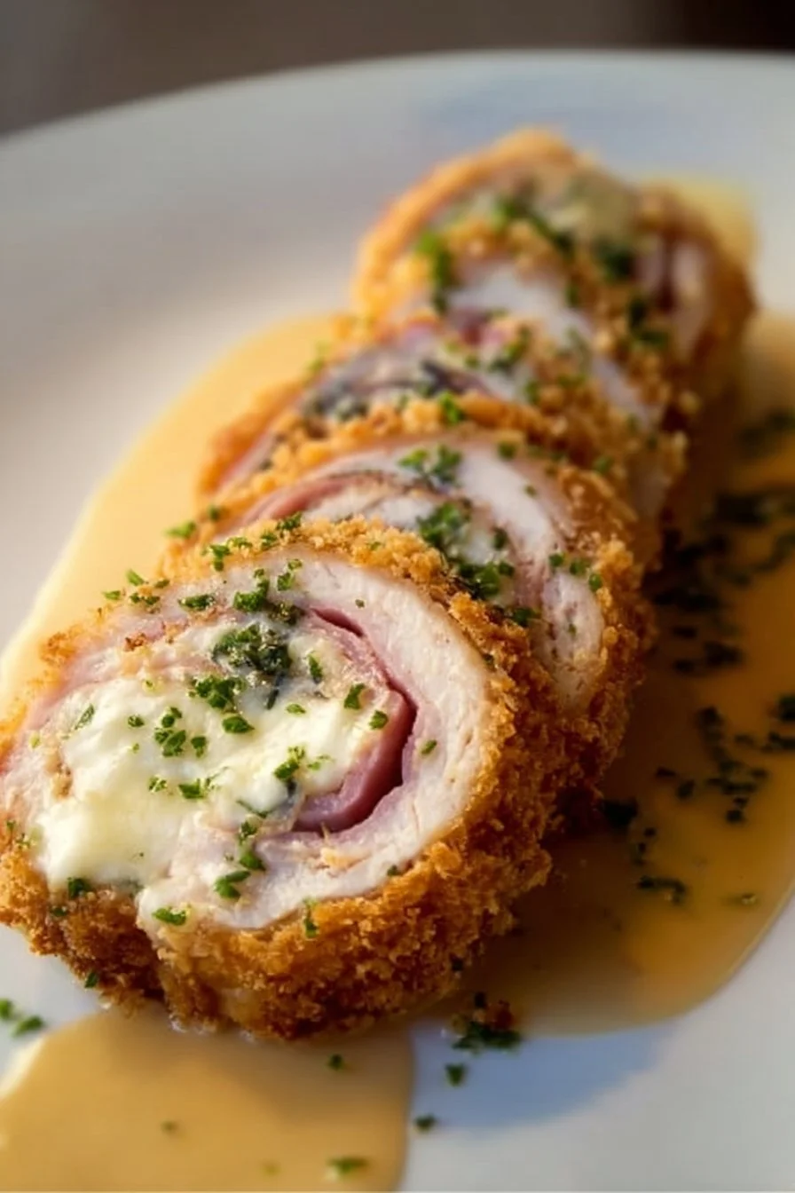 Crispy Creamy Chicken Cordon Bleu Chicken Cordon Bleu Crispy creamy Chicken Cordon Bleu served on a plate with sides.