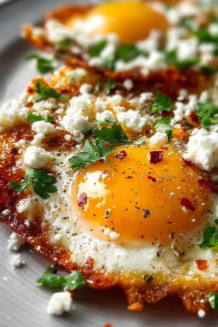 Crispy feta fried eggs served on a plate with herbs and spices.