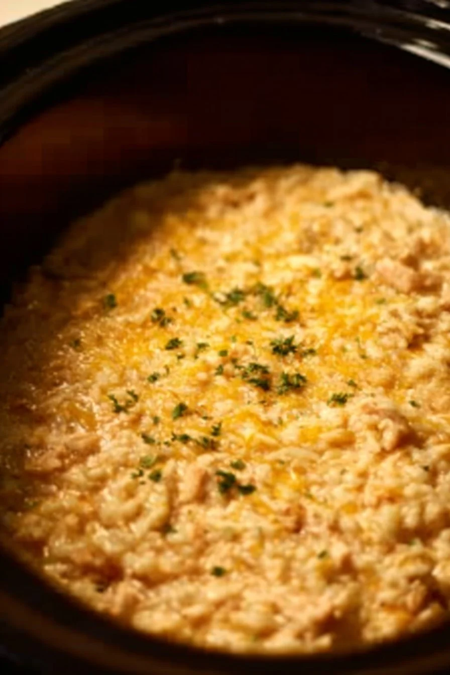 Delicious crock pot chicken and rice dish served in a bowl