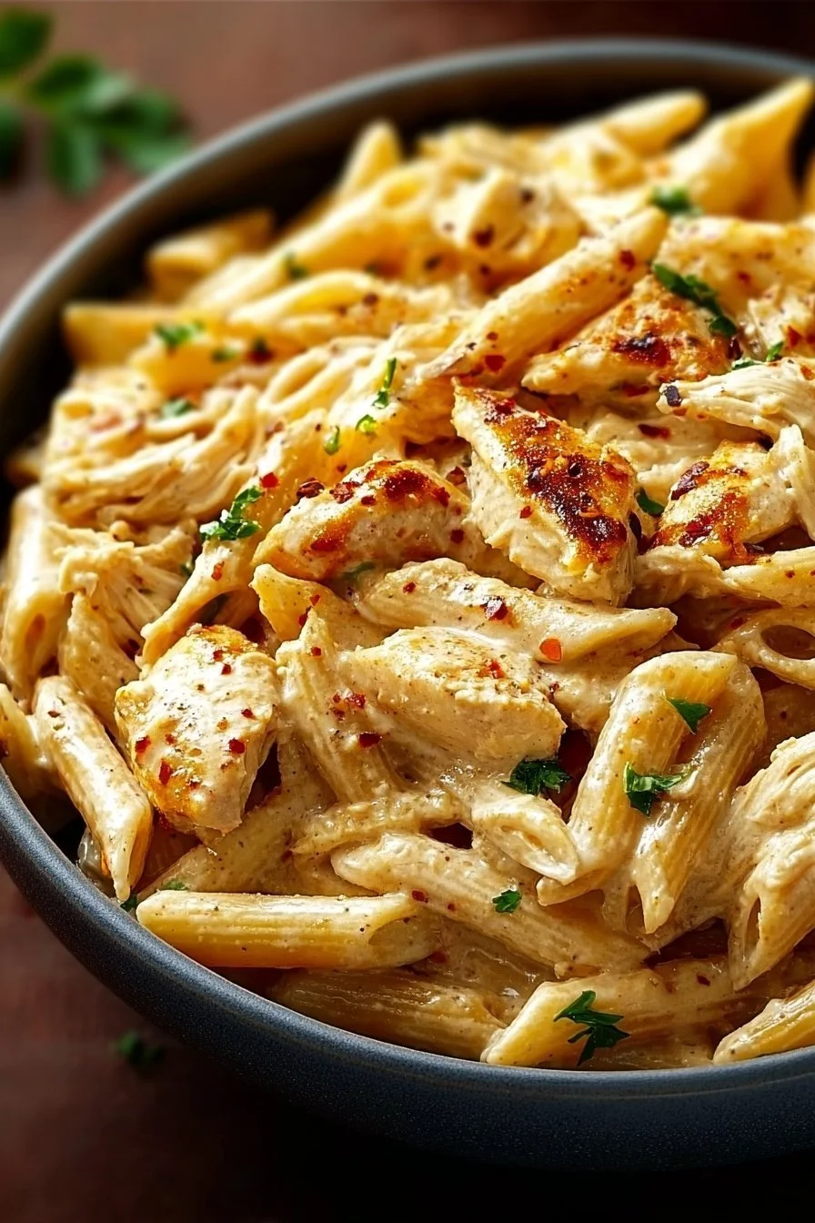 Crock Pot Creamy Cajun Chicken Pasta served in a bowl with fresh herbs