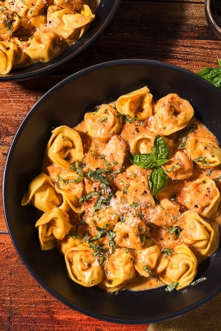 Delicious CrockPot Chicken Tortellini served in a bowl with fresh herbs