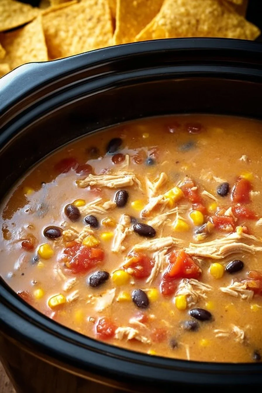 Bowl of Crockpot Chicken Tortilla Soup with tortilla strips and fresh cilantro