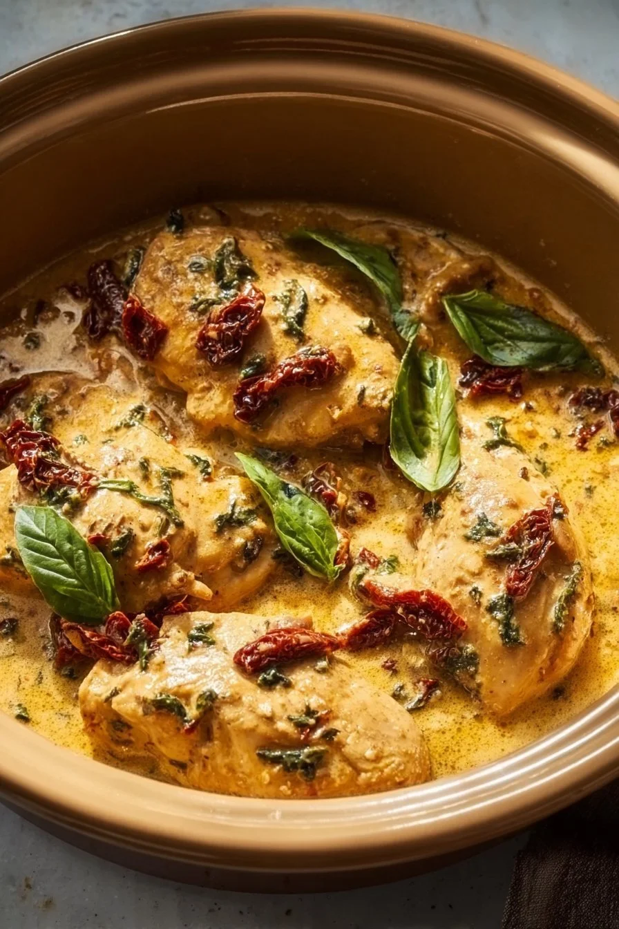 Crockpot Marry Me Chicken with creamy sauce and herbs served on a plate