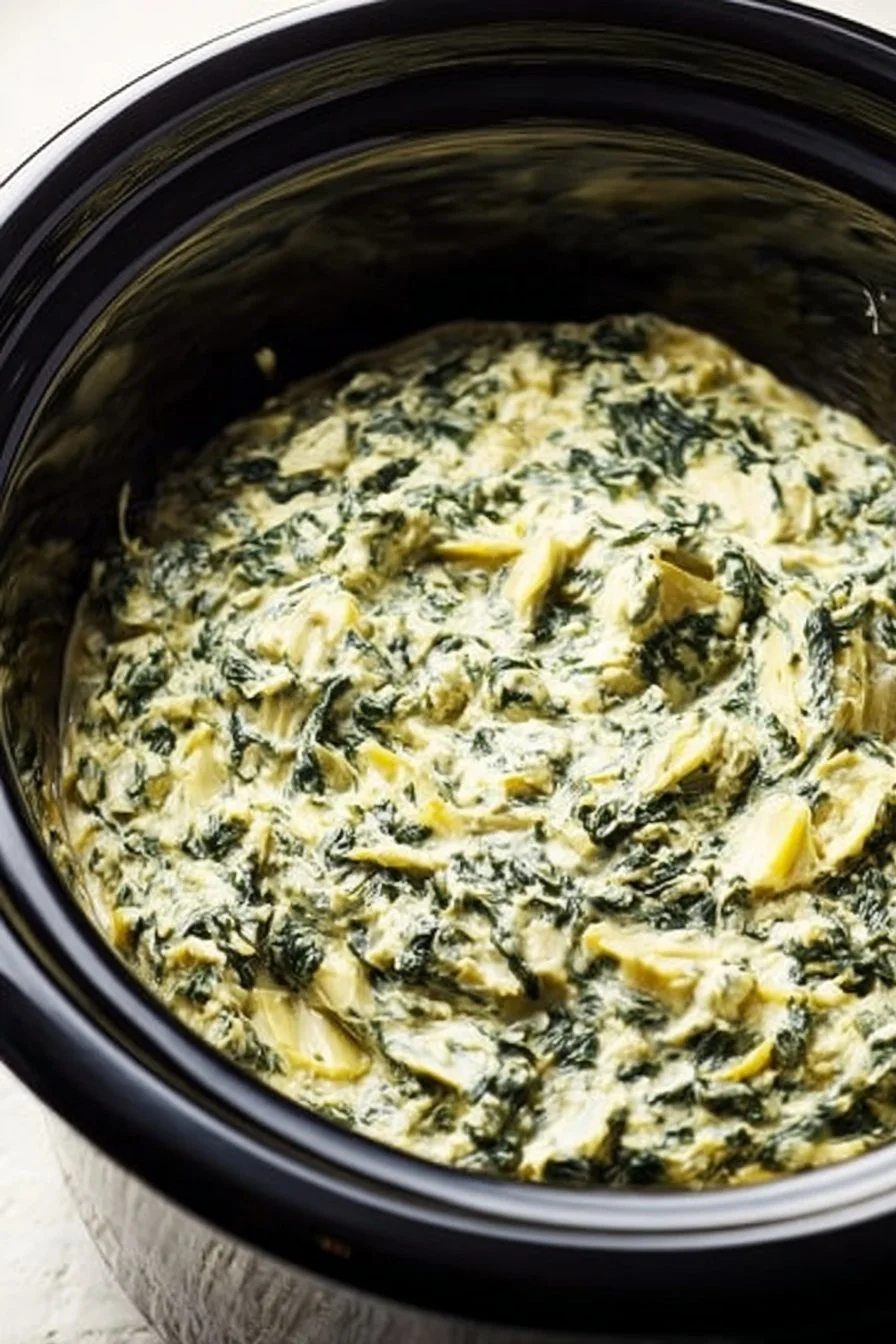 Crockpot Spinach and Artichoke Dip Spinach and Artichoke Dip Crockpot spinach and artichoke dip served in a bowl with fresh herbs