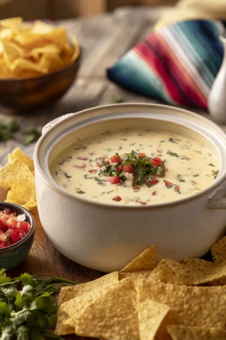 Creamy Crockpot white cheese dip served in a bowl with tortilla chips