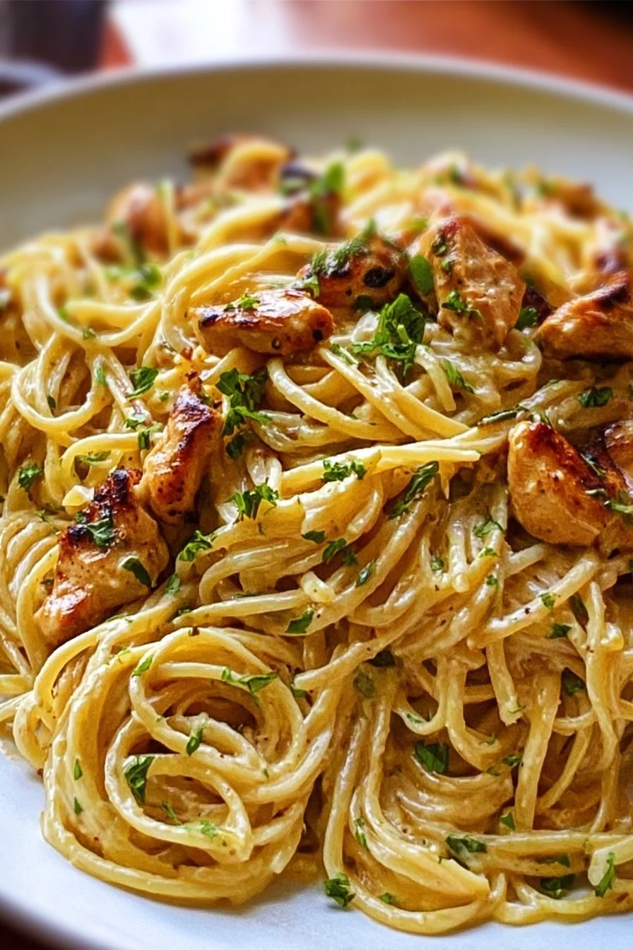 Plate of Easy Cowboy Butter Chicken Linguine with herbs and spices