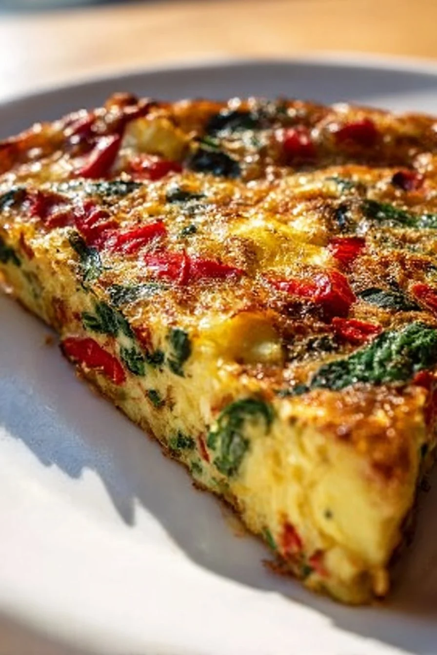 Easy frittata recipe with potatoes, red peppers, and spinach