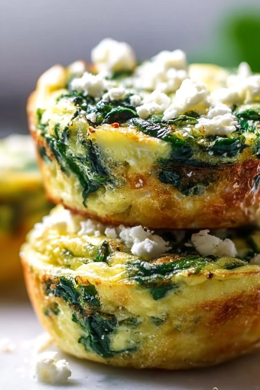 Delicious egg muffins with spinach and feta in a muffin tray.