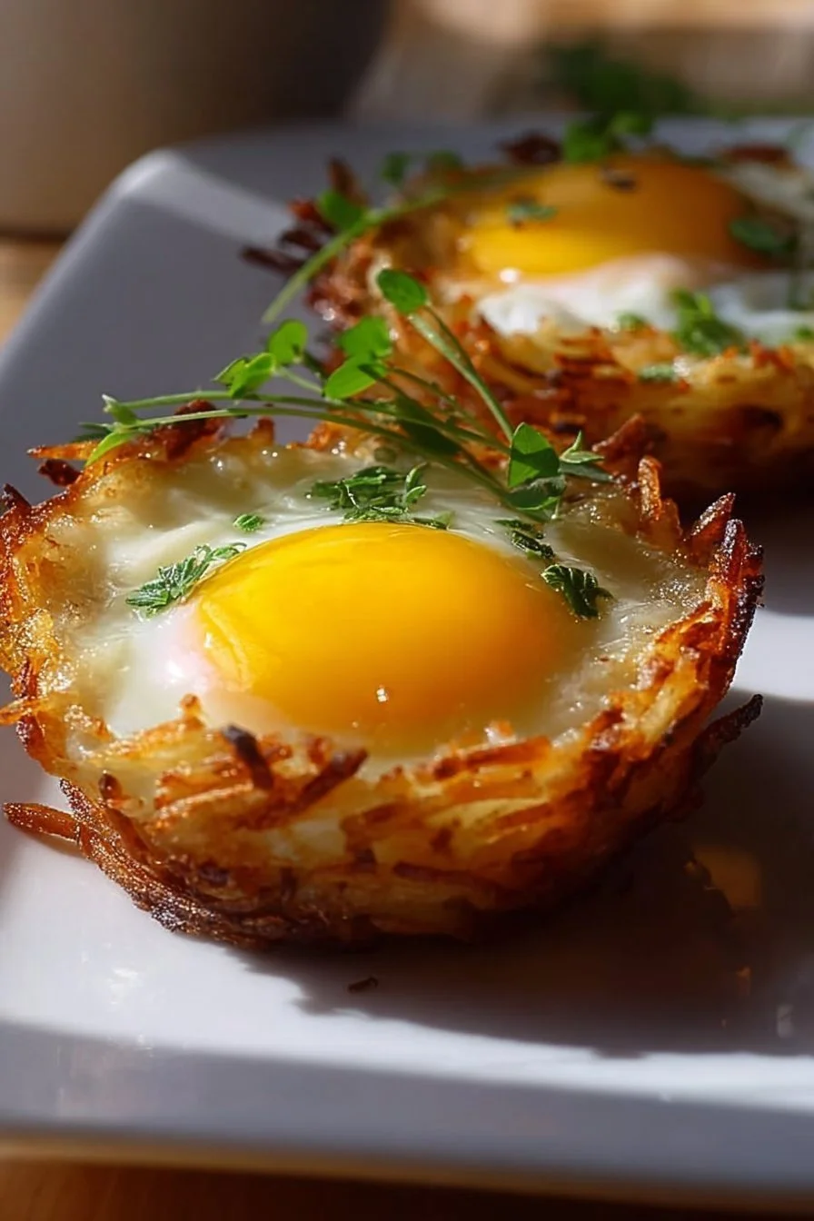 Eggs nestled in crispy hash brown baskets for a delightful breakfast