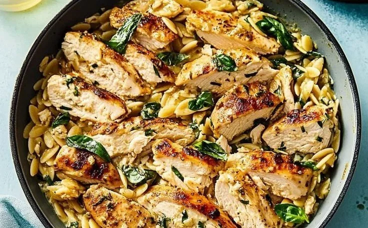 A vibrant bowl of Mediterranean Chicken Orzo with vegetables and herbs.