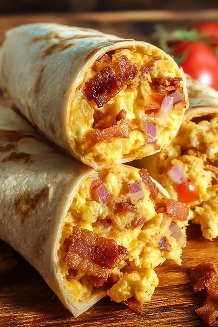 Fluffy bacon and egg breakfast burritos on a plate
