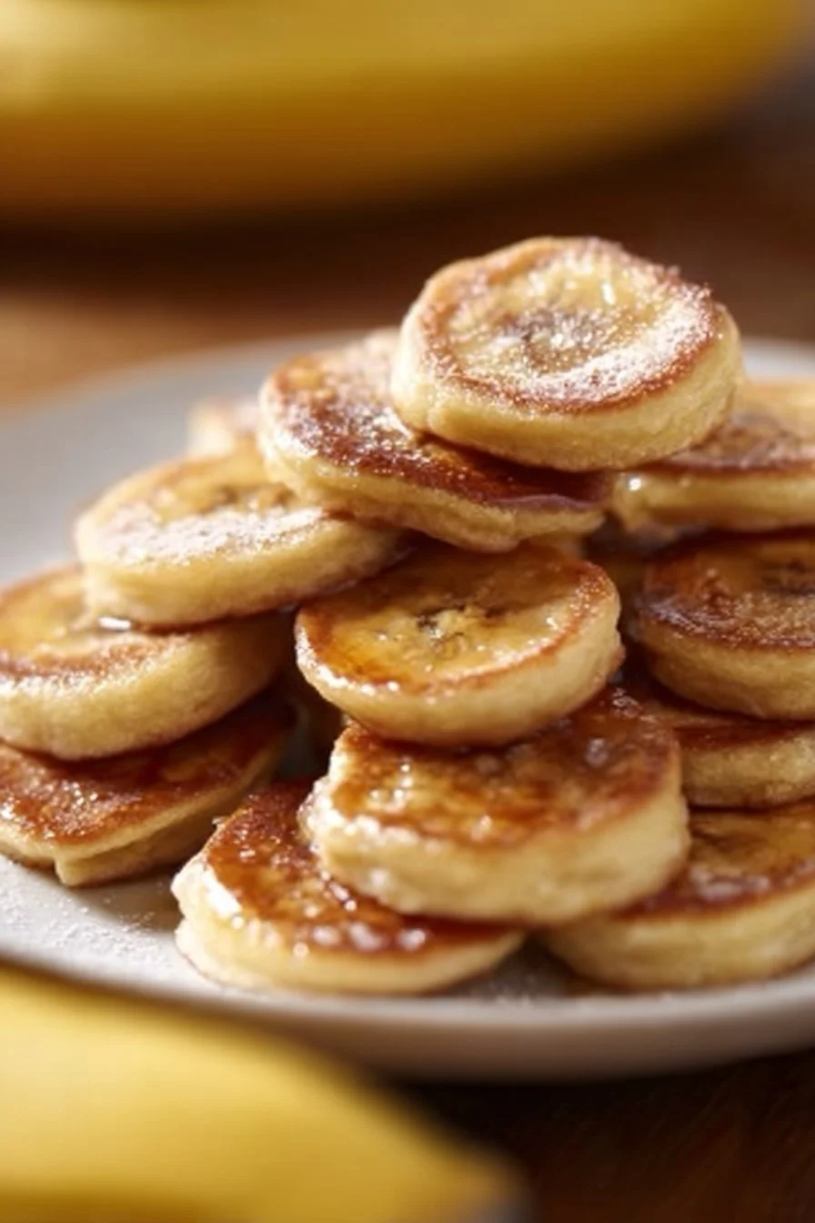 Fluffy banana pancake bites stacked on a plate with syrup and fruit