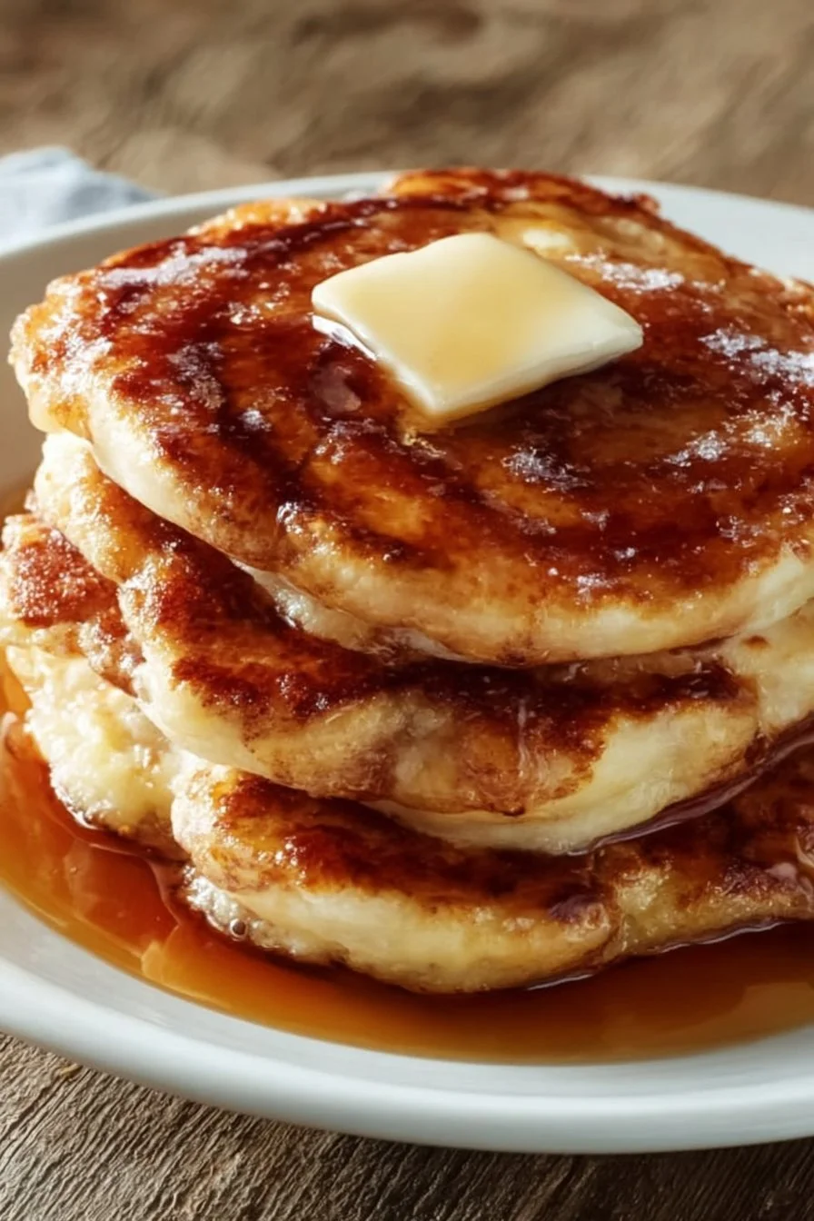 Fluffy cinnamon roll pancakes topped with icing and cinnamon swirl, perfect for breakfast.