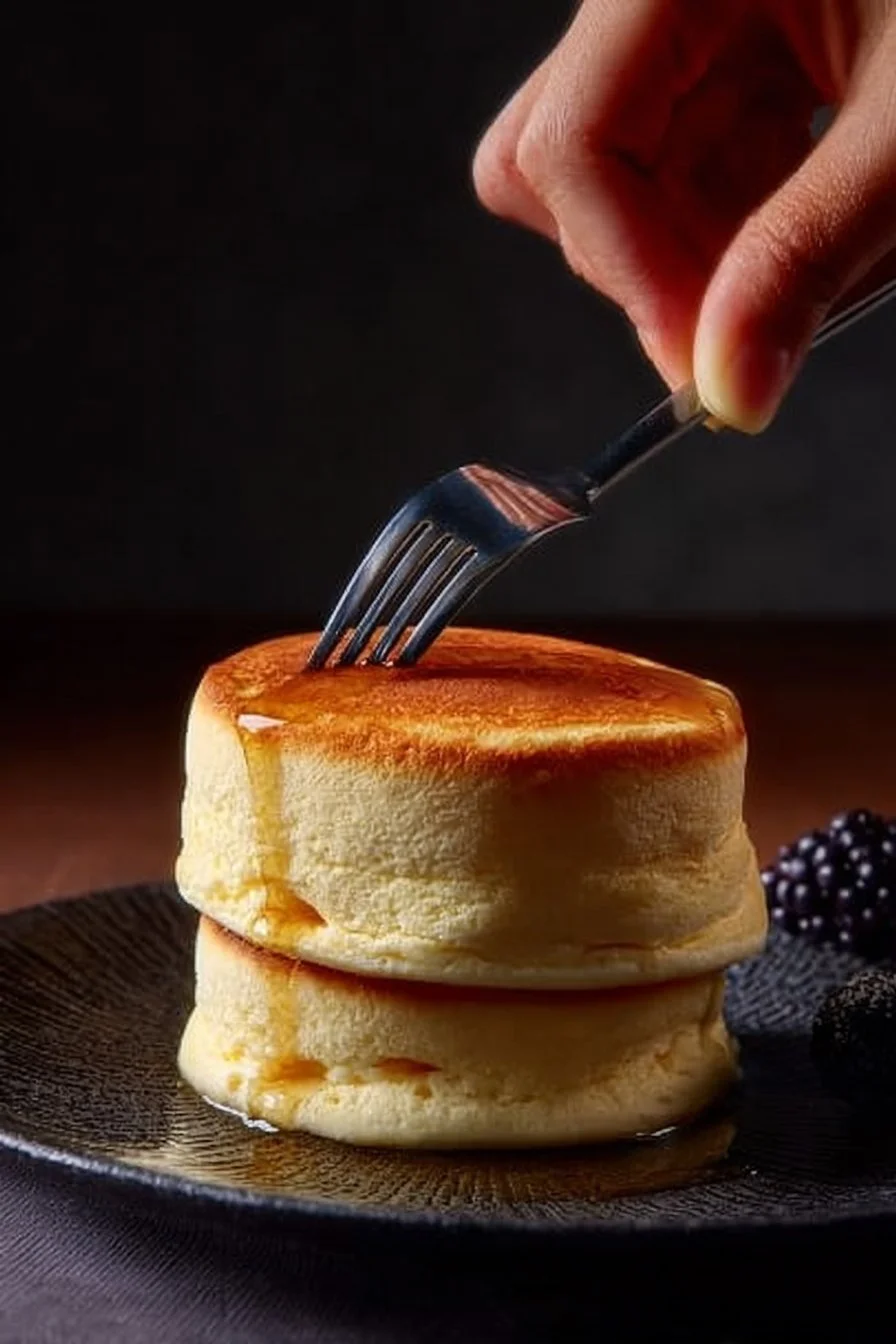 Fluffy Japanese soufflé pancakes stacked on a plate with syrup and berries.