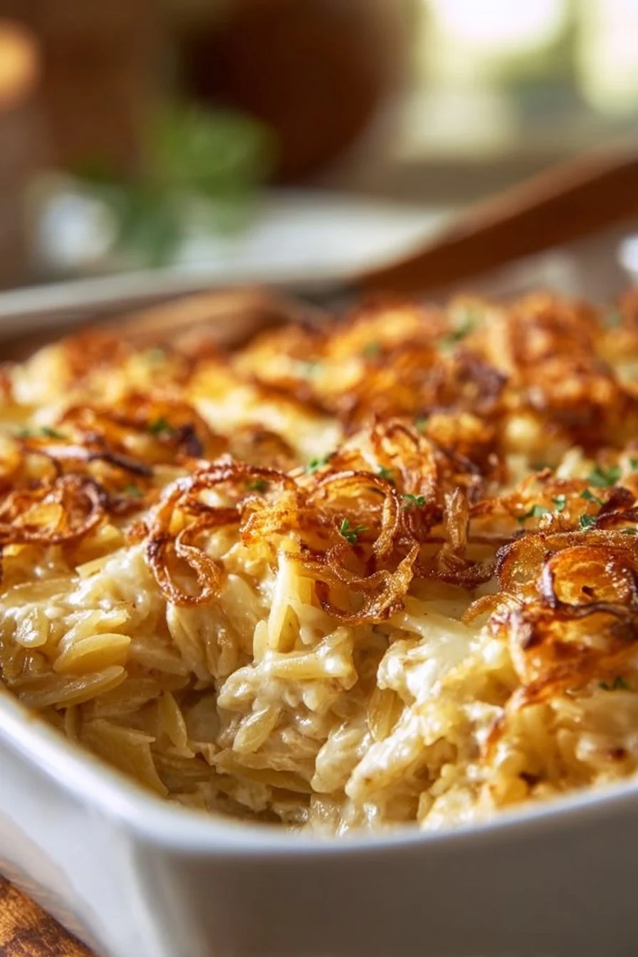 Delicious French Onion Chicken Orzo Casserole topped with melted cheese