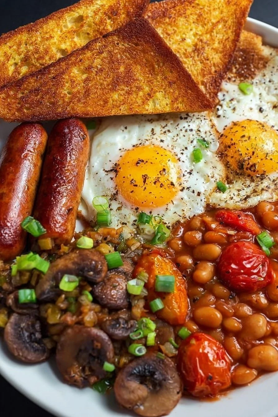 A delicious full English breakfast with eggs, bacon, sausage, and toast on a plate.