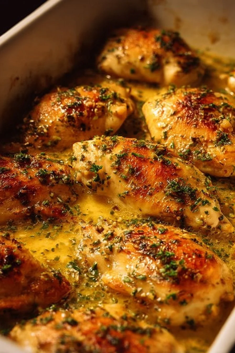 Garlic butter baked chicken breast garnished with herbs on a plate