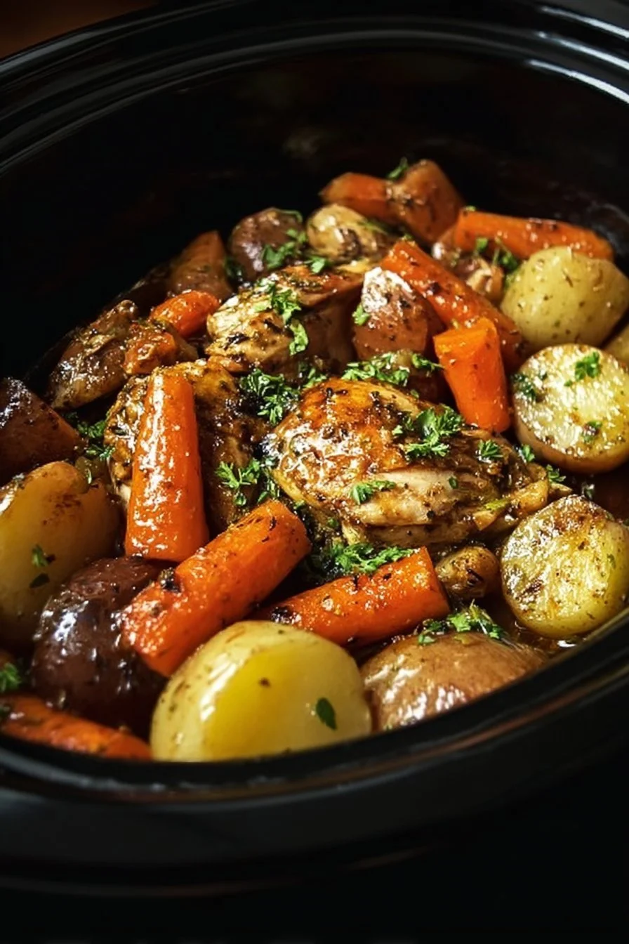 Delicious Garlic Butter Chicken served with herbs and vegetables