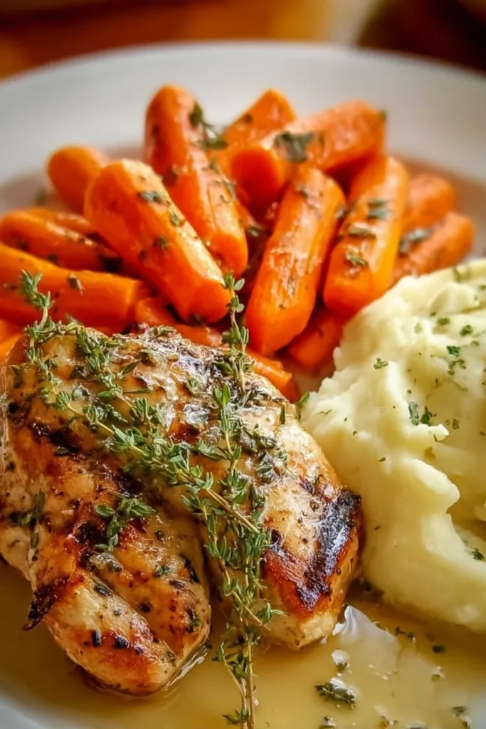 Delicious Garlic Herb Chicken served with mashed potatoes and glazed carrots