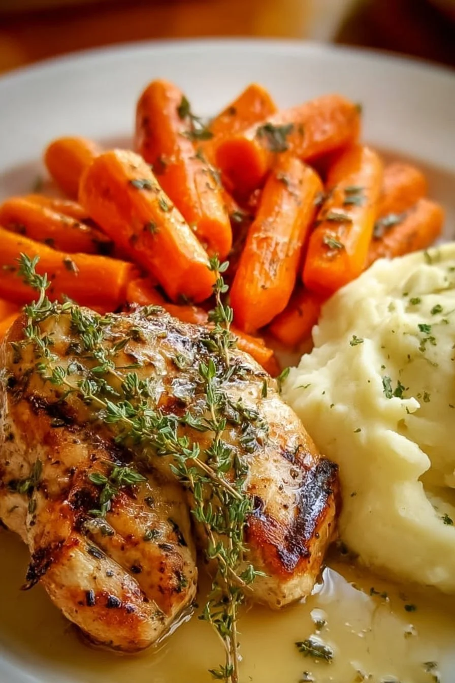 Delicious Garlic Herb Chicken served with mashed potatoes and glazed carrots