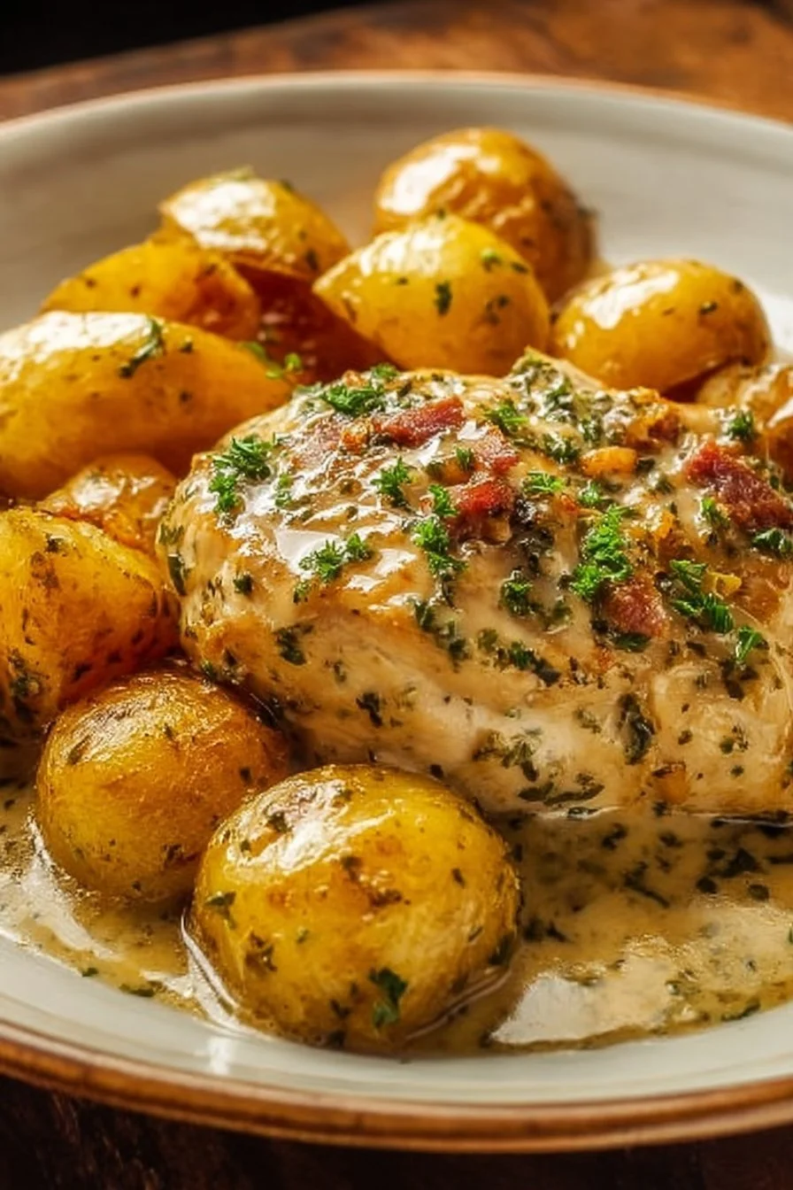 Garlic Parmesan Chicken with potatoes cooked in a crockpot