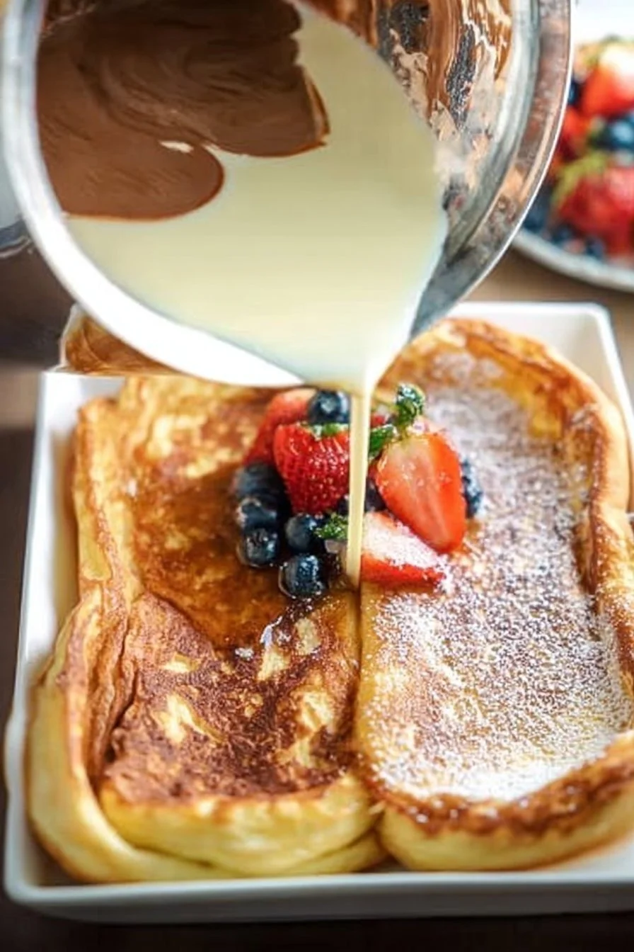 Fluffy German pancakes served with syrup and powdered sugar