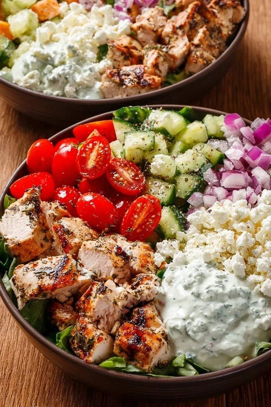 Delicious Greek Chicken Bowl with fresh vegetables and flavorsome herbs