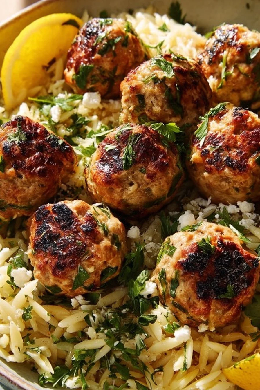 Plate of Greek chicken meatballs served with lemon orzo