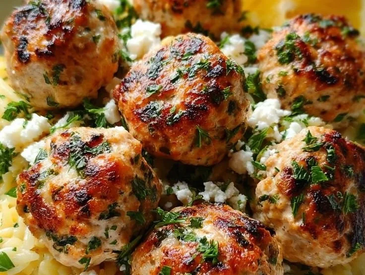 Greek Chicken Meatballs with Lemon Orzo
