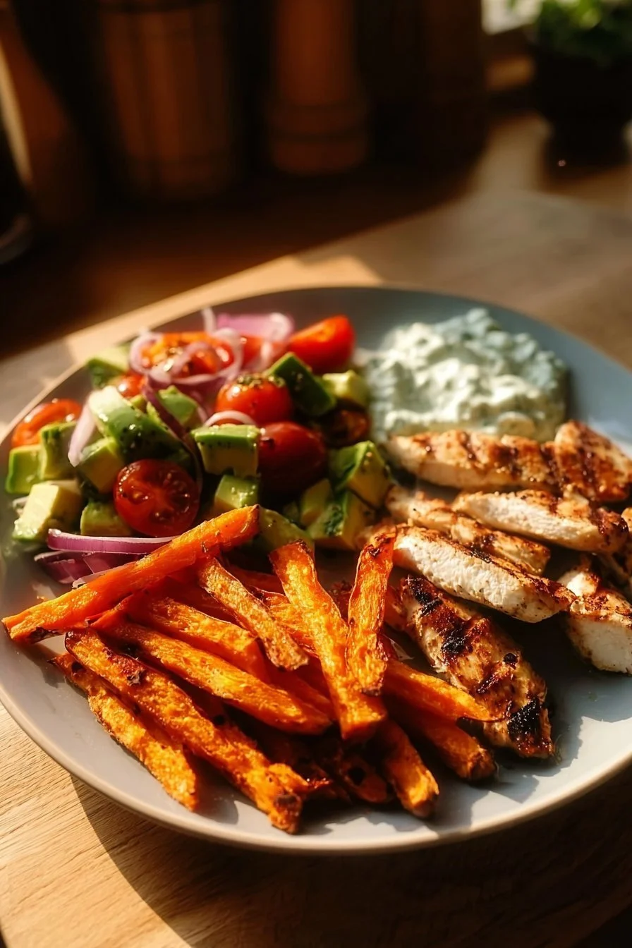 Grilled Herb Chicken with Sweet Potato Fries and Avocado Salsa