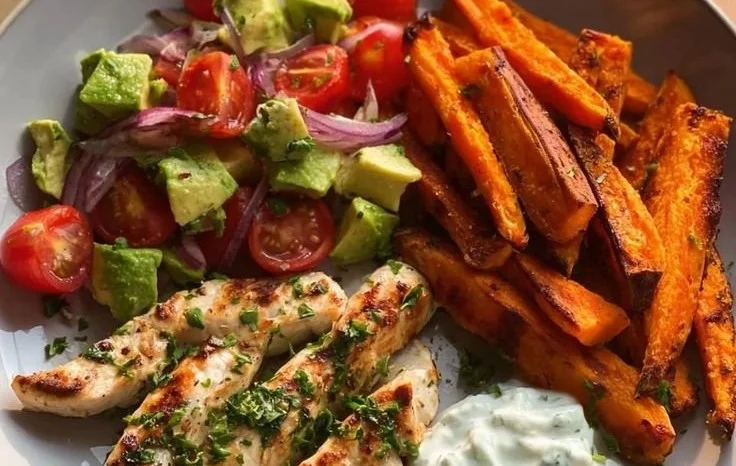 Grilled Herb Chicken with Sweet Potato Fries and Avocado Salsa