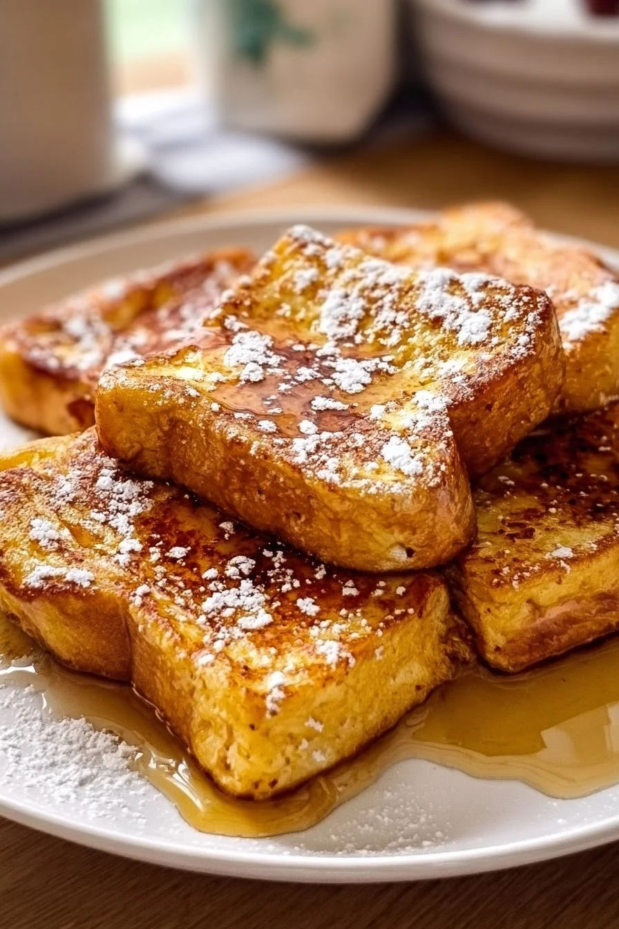 Hawaiian Roll French Toast served with syrup and fruit garnish
