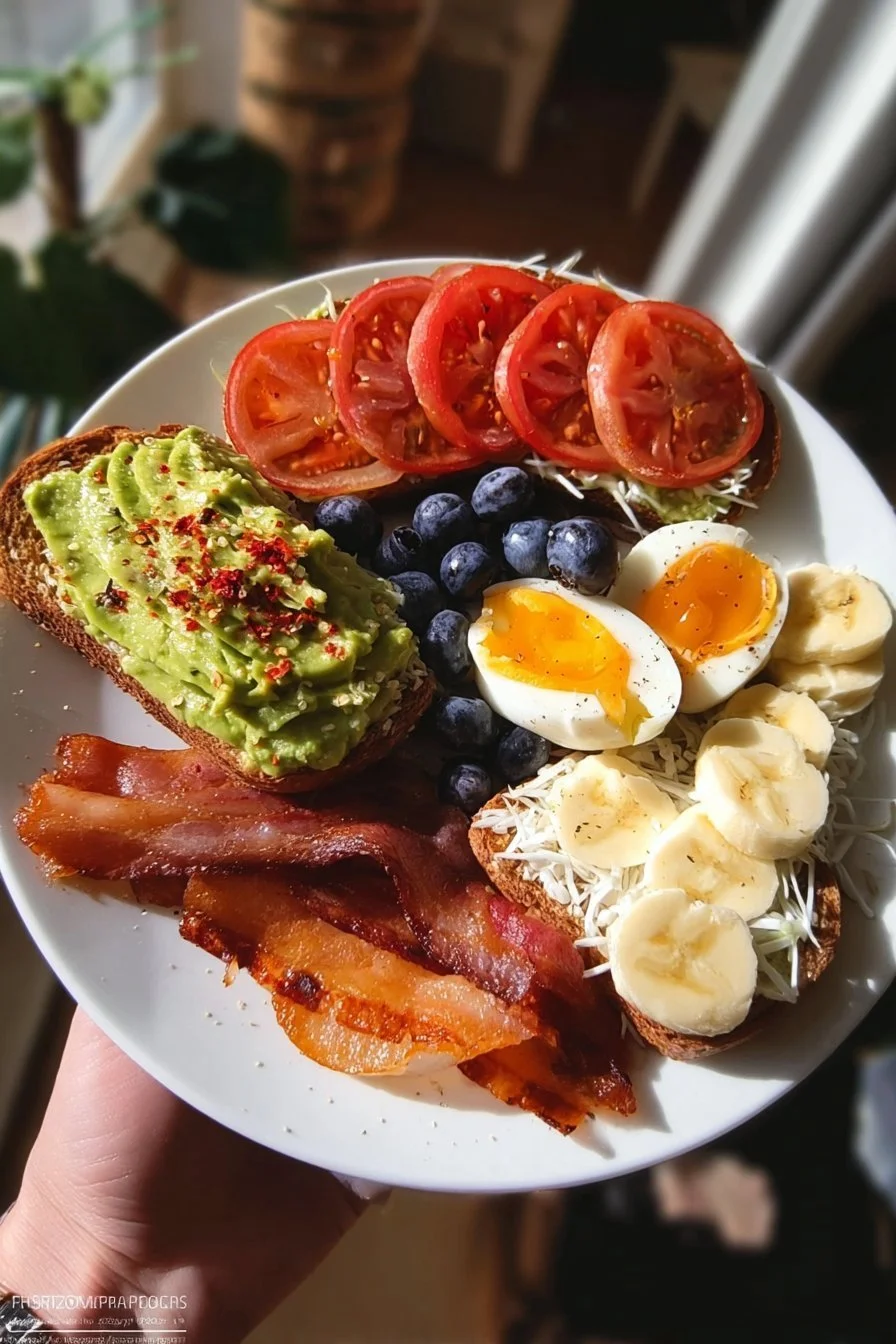 Healthy avocado toast topped with cherry tomatoes and herbs on a plate