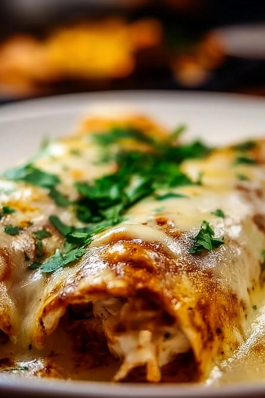 Healthy chicken enchiladas topped with fresh ingredients and served on a plate