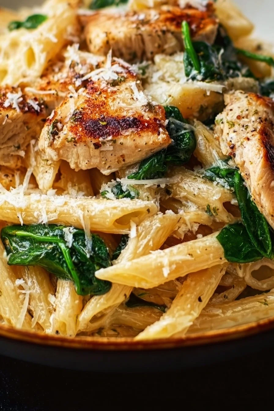 A delicious bowl of healthy Garlic Parmesan Chicken Pasta topped with fresh herbs.