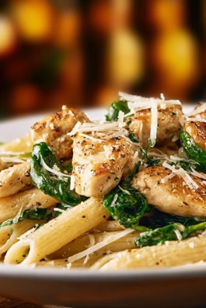 Healthy garlic parmesan chicken pasta dish served in a bowl