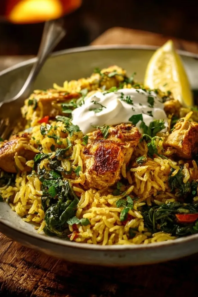 Healthy one-pan chicken and rice dish with vegetables