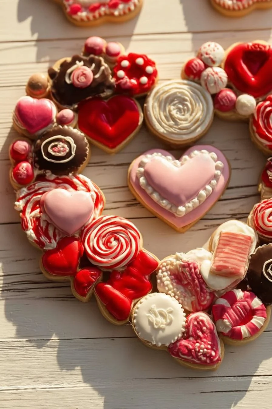 Heart shaped sugar cookies decorated with icing and sprinkles