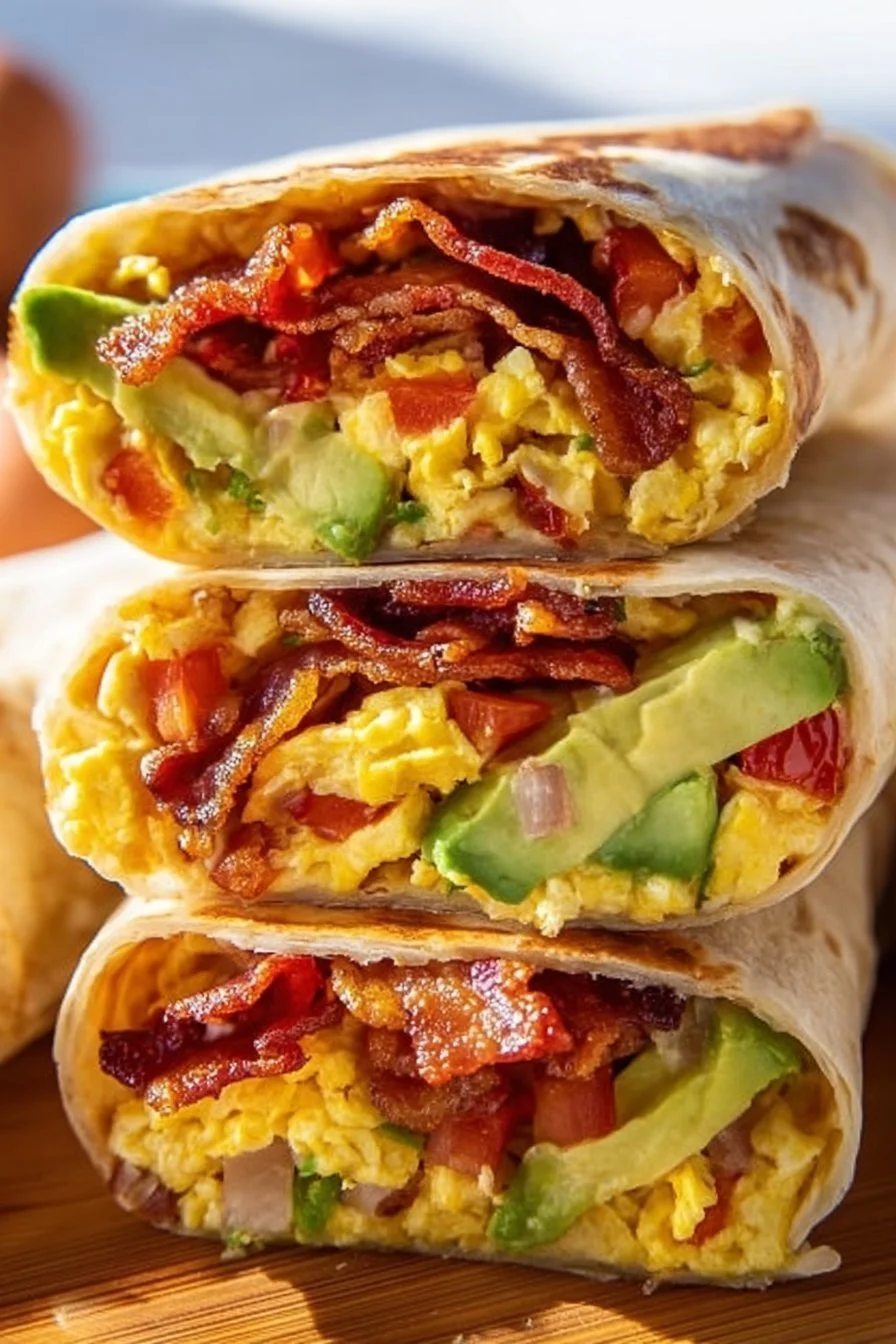 Delicious hearty breakfast burrito with eggs and fresh vegetables