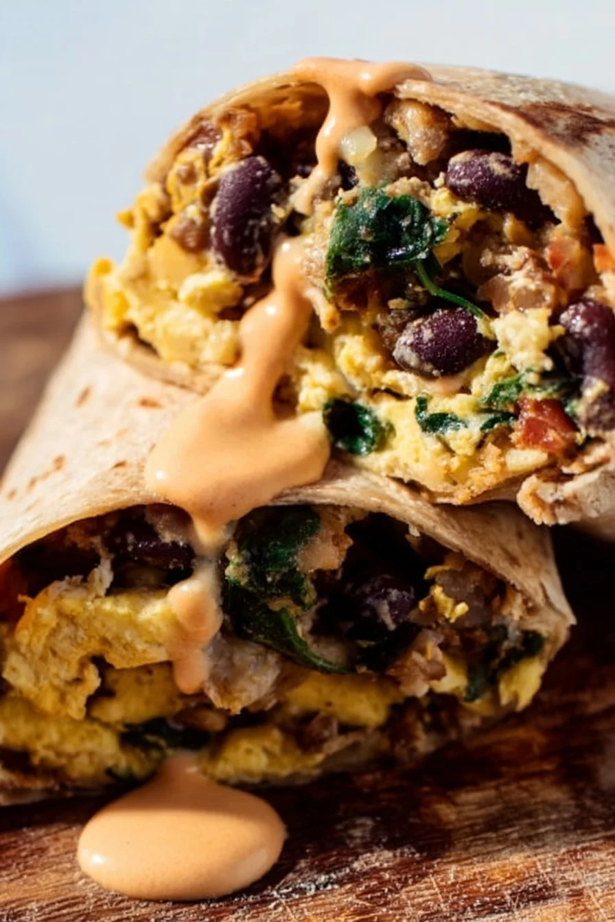 High-protein breakfast burrito filled with eggs, beans, and veggies